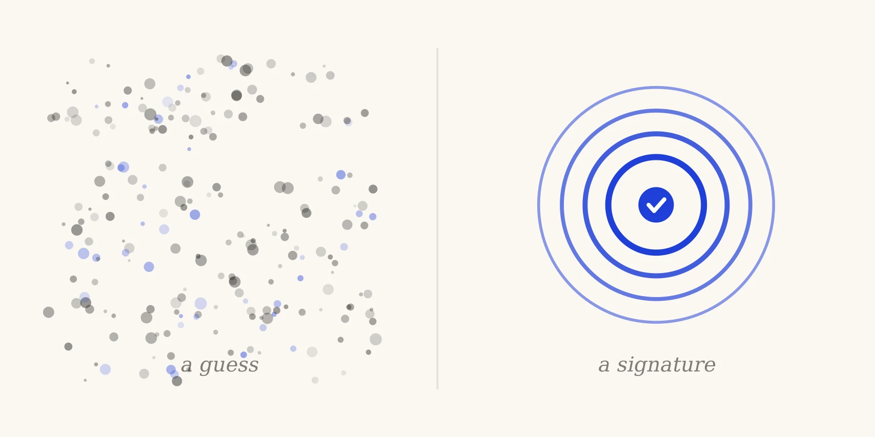 Split illustration: a magnifying lens over statistical noise on one side, a verified ink seal on the other